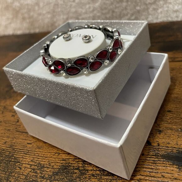 Roman Bracelet Earring Set Red Rhinestone Jewelry Box NEW - Picture 6 of 12